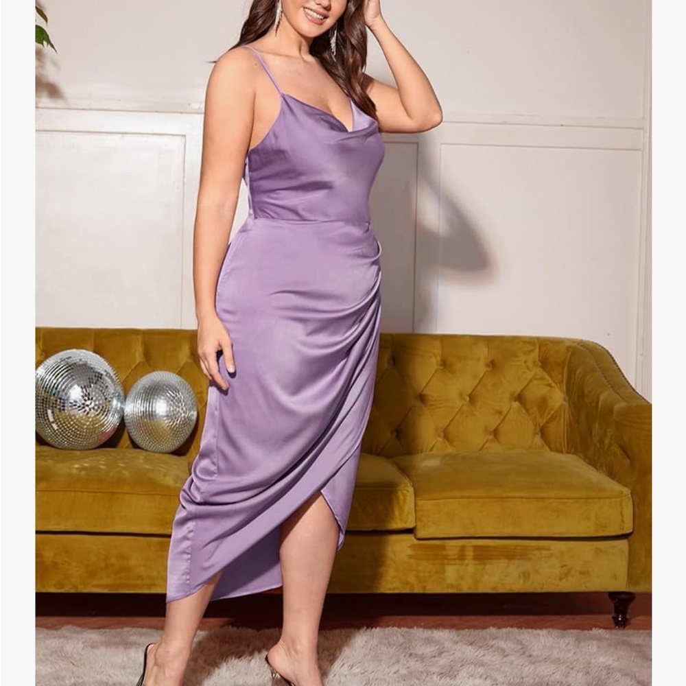 Floerns Women's Plus Size Satin Spaghetti Strap Cowl Neck Cami Dress